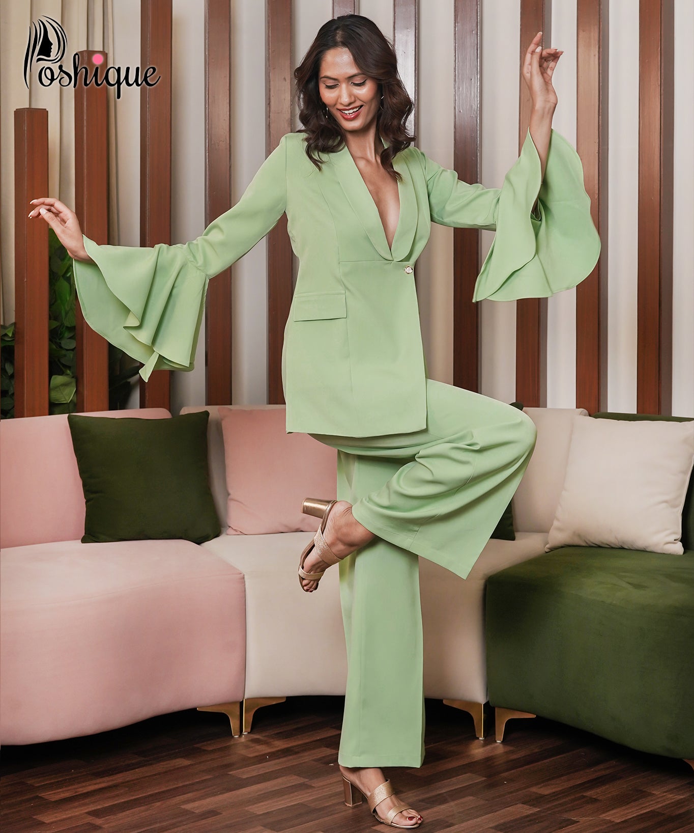 Mint Green Flared Sleeve Blazer & Wide Leg Pants Set
